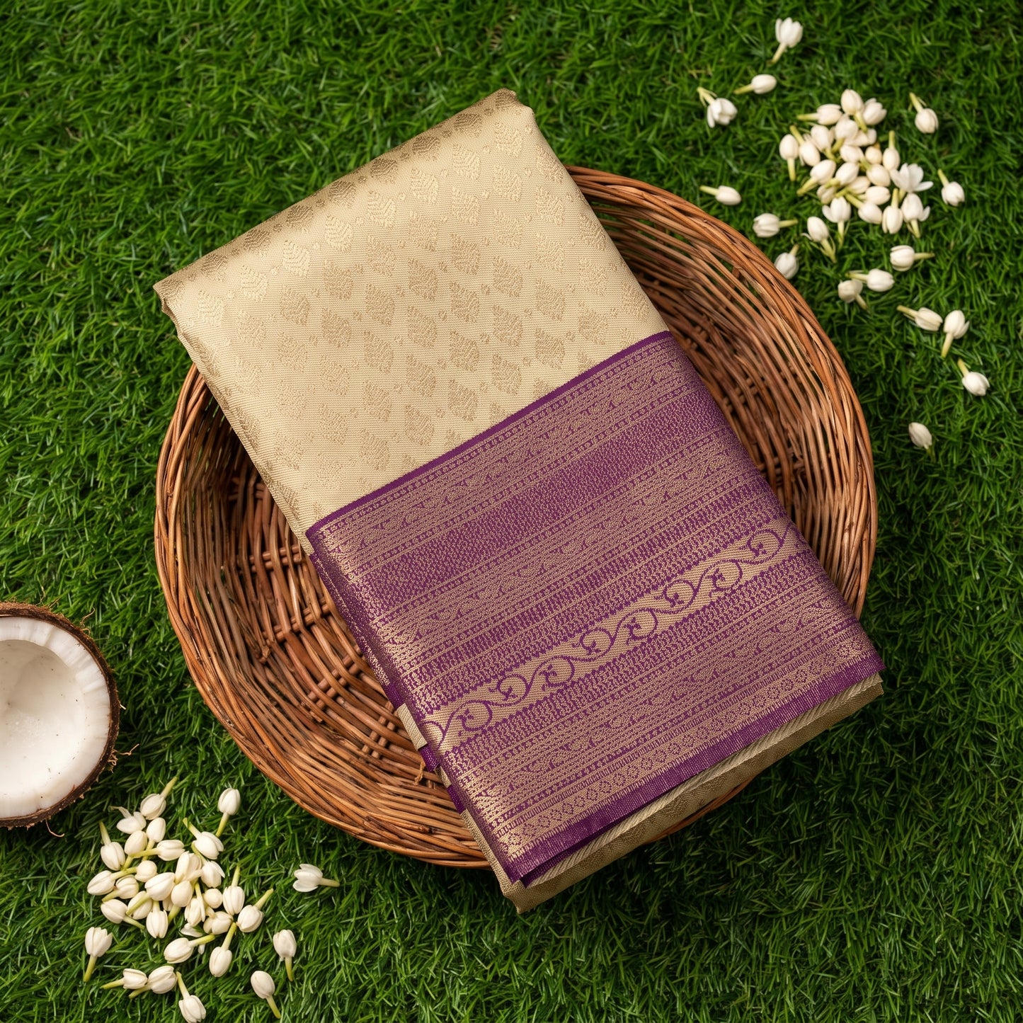Vaijayanti Beige Gold Zari Saree