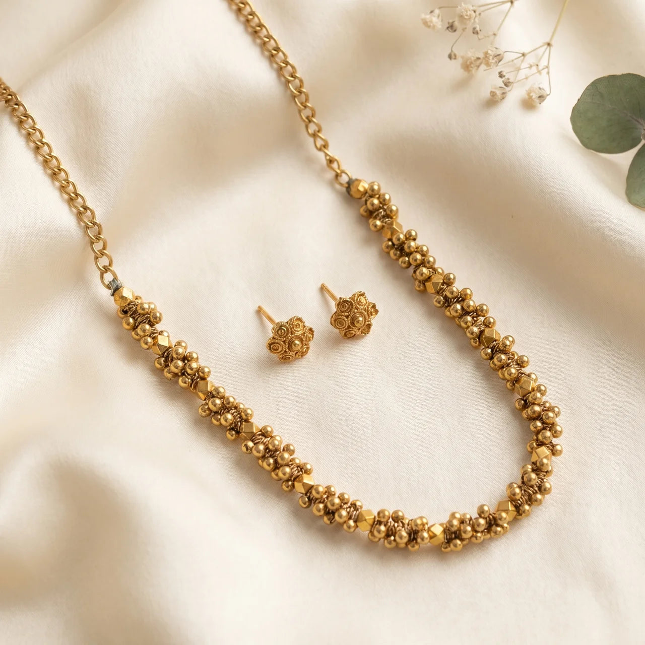 Classic Gold Bead Necklaces & Stud Earning Set