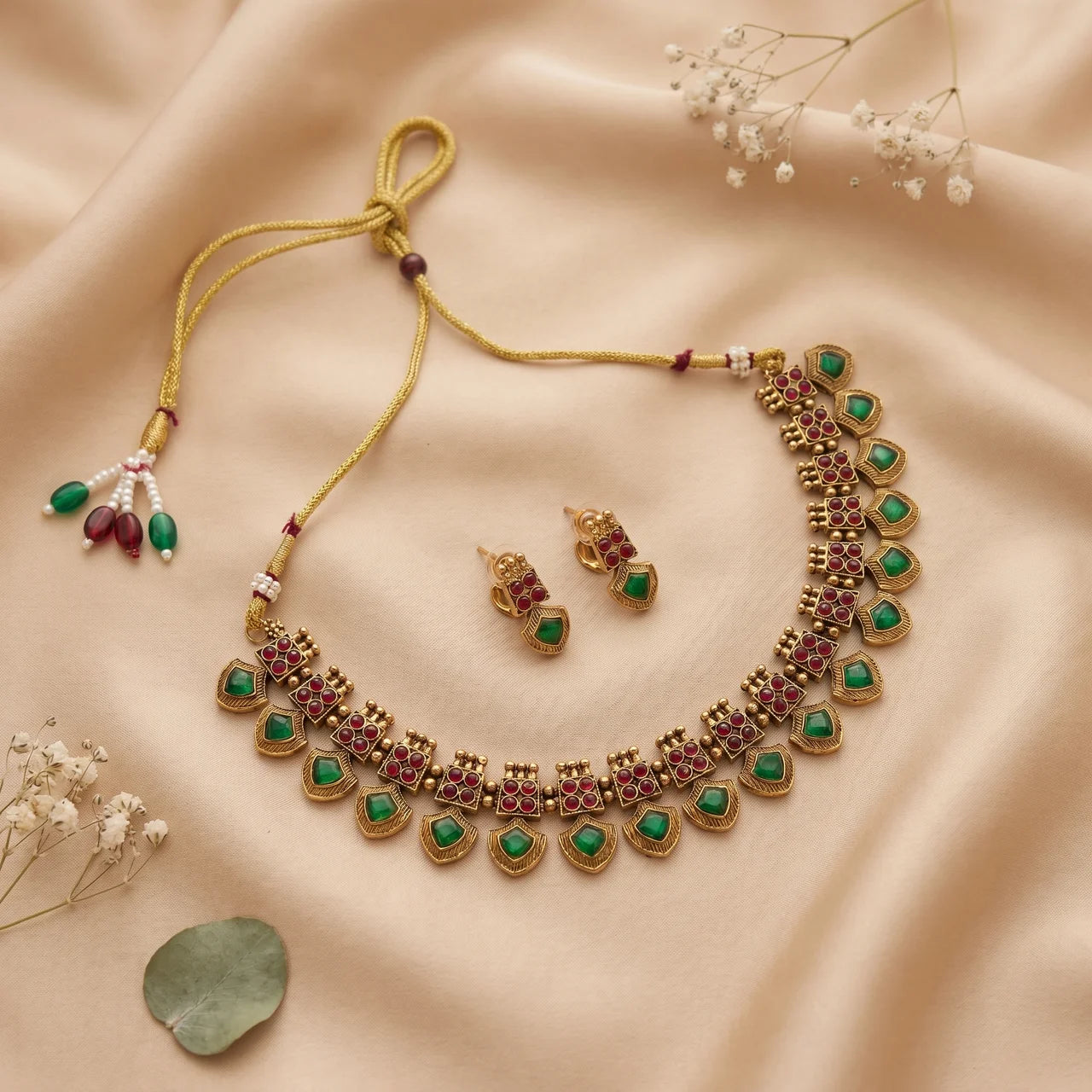 Green Palakka Antic Gold Temple Choker Necklace Set