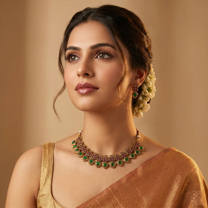Green Palakka Antic Gold Temple Choker Necklace Set
