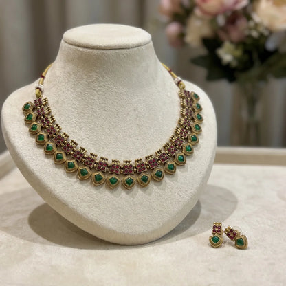 Green Palakka Antic Gold Temple Choker Necklace Set