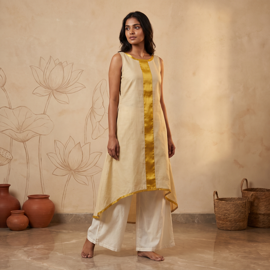 Onam Special Kasavu Style Off-White & Gold Kurti [OKV]