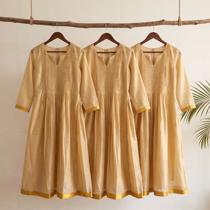 Onam Kasavu Pleated A Kurti Off-White & Gold Kurti [OKP]