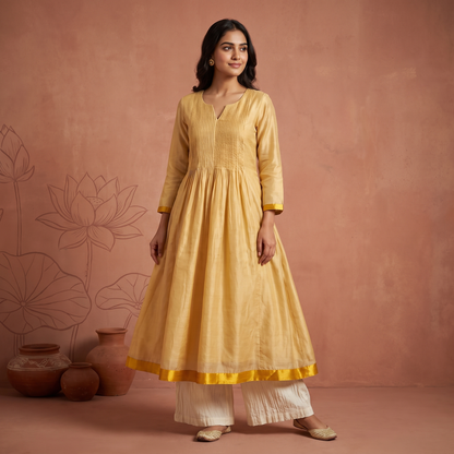 Onam Kasavu Pleated A Kurti Off-White & Gold Kurti [OKP]