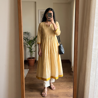 Onam Kasavu Pleated A Kurti Off-White & Gold Kurti [OKP]