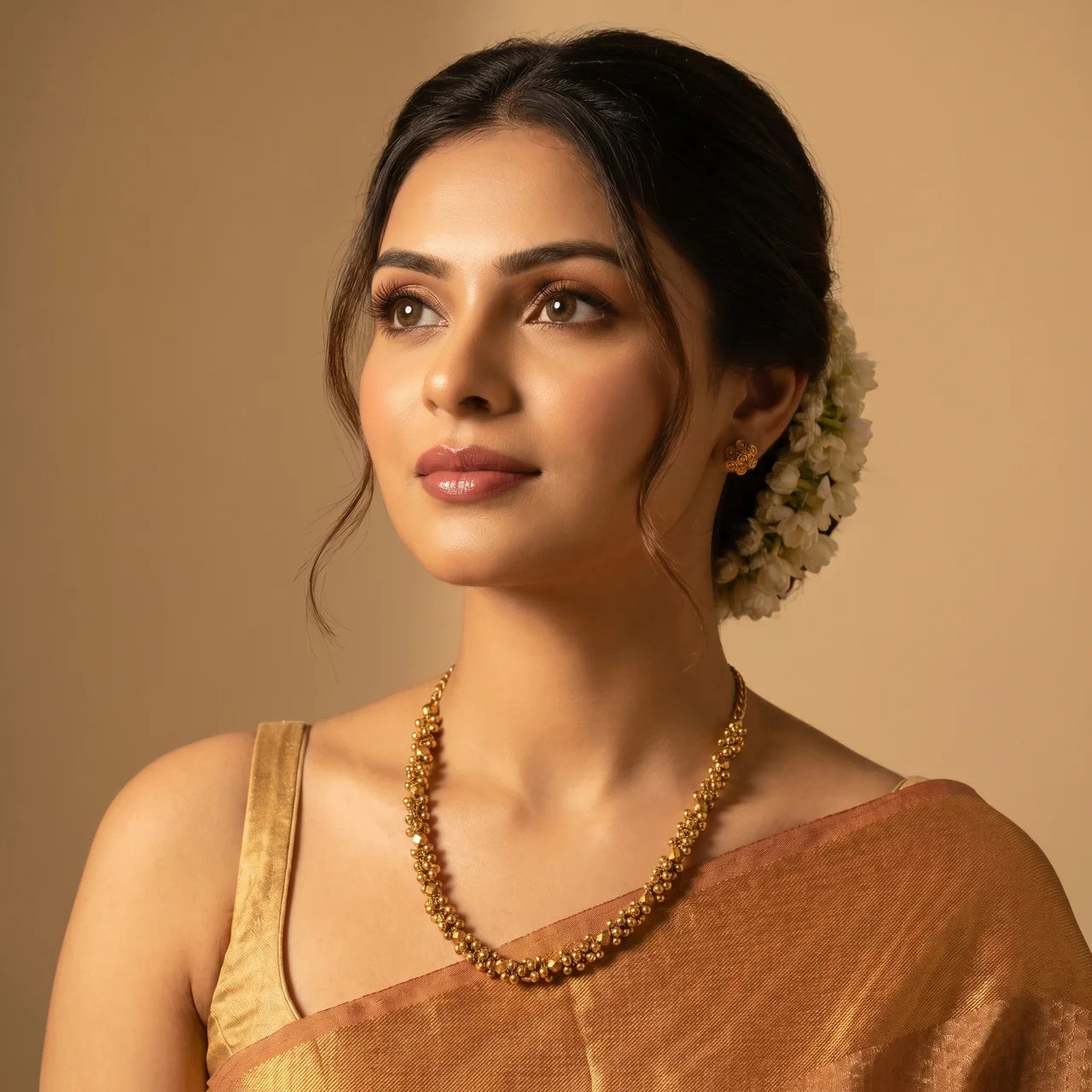 Classic Gold Bead Necklaces & Stud Earning Set